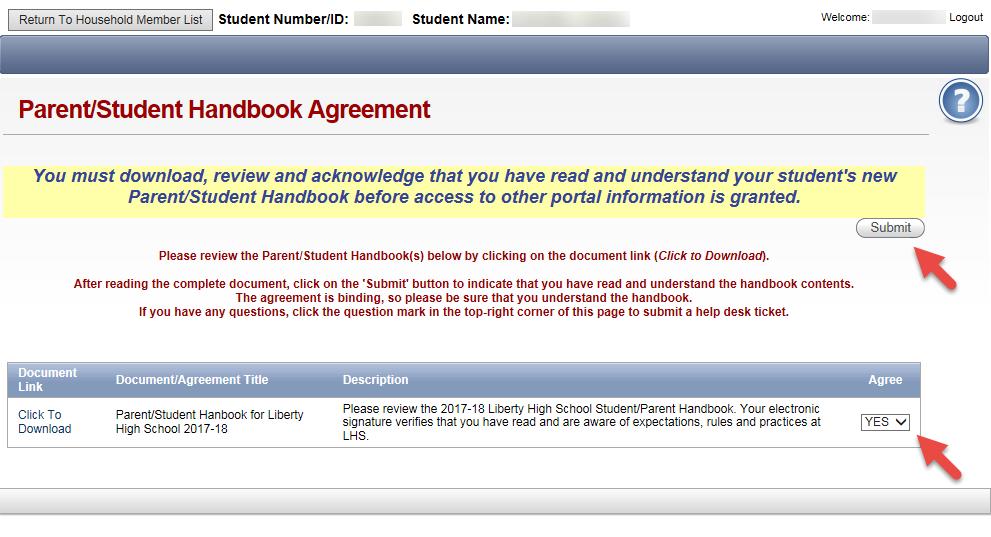 4. If you haven't already reviewed and accepted the parent/student school handbook for LHS or PCHS, you'll be presented with a Parent/Student Handbook Agreement page.