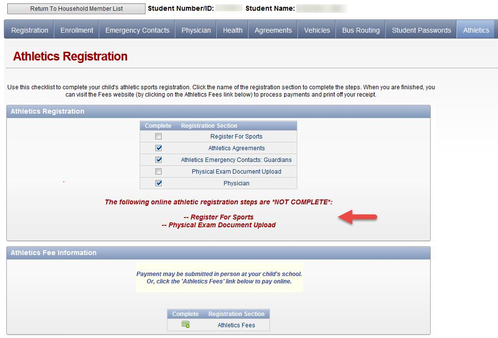 6. From the main School Registration checklist page, you will be redirected to the Athletics Registration checklist page.