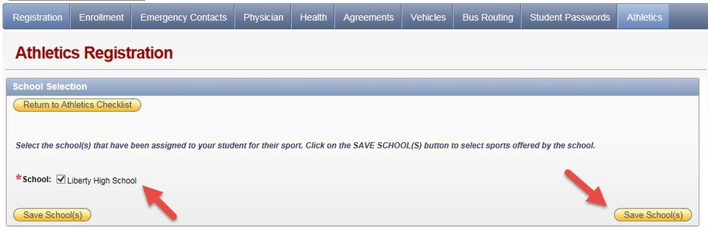7. Register for Sports - School Selection: Select (check) the school(s) in which your student