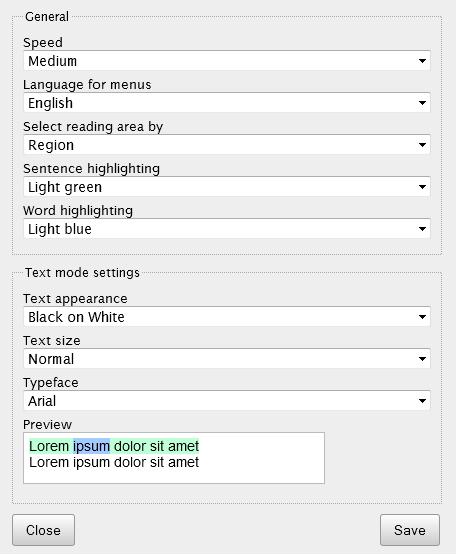 docreader Settings Panel In the settings panel, you can change how the text from the document should be displayed and read.