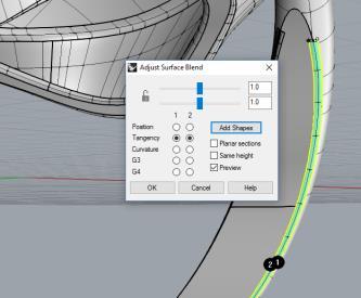 Adjust Surface dialog box, check Tangency for both edges (columns 1 and 2) 10.