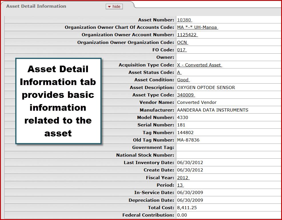 8. The Asset Detail Information tab displays basic information related to the asset.