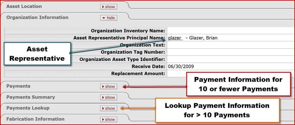 11. Click the show button on the Organization Information tab to view the data about the asset representative responsible for the asset.