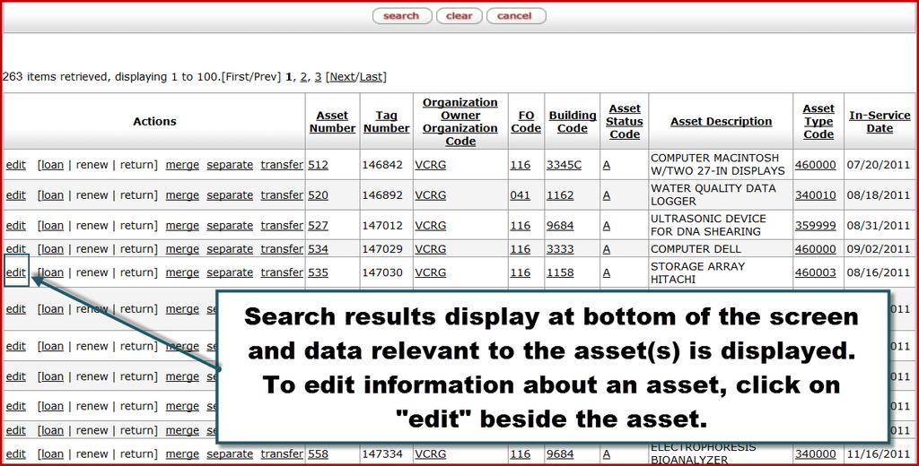 31. Your search results are displayed in a table at the bottom of the screen. Data relevant to the asset(s) is also displayed.