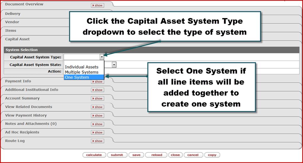 55. Click the show button on the Capital Asset tab. 56. Click the drop down on the Capital Asset System Type field.