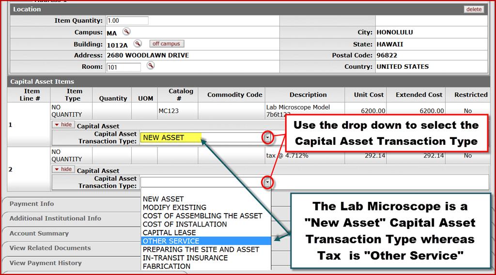 78. In the Capital Asset Items section, select the New Asset option from the Capital Asset Transaction Type listing within the microscope accounting line item, for this example.