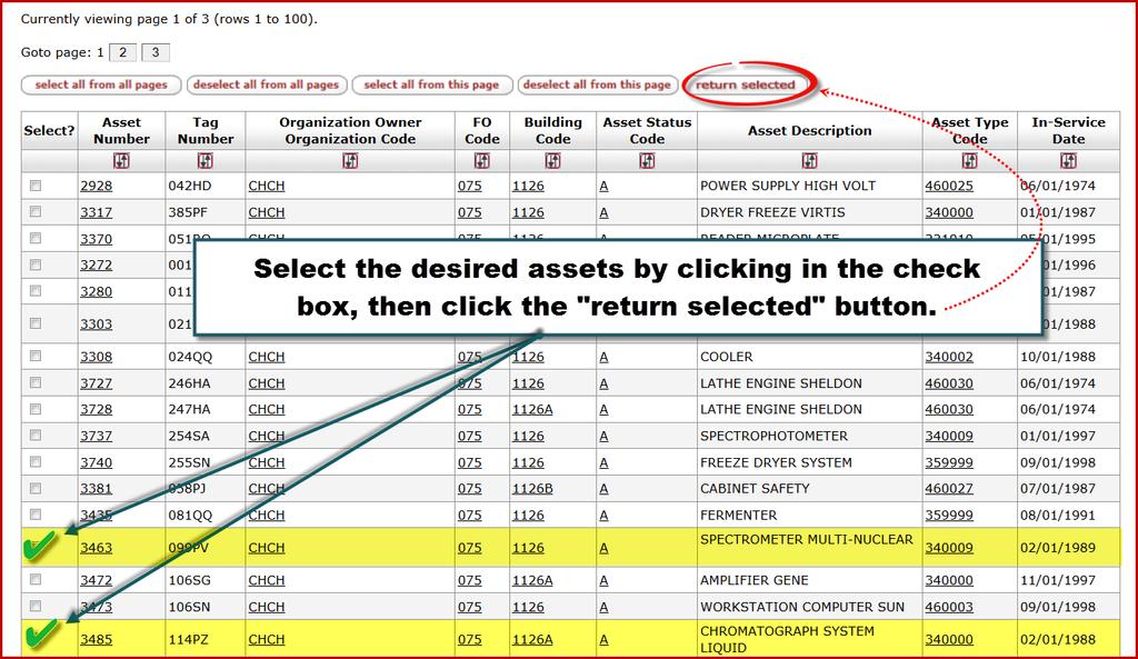 126. A list of Assets will display at the bottom of the window. To select the desired asset(s) you will click the check box on the Select? field.