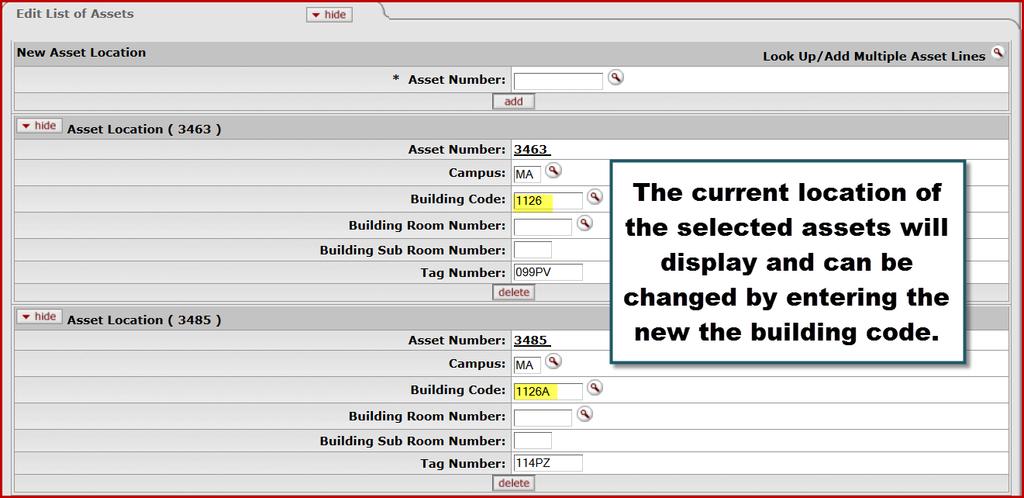 129. All the selected assets will display under the Edit List of Assets tab with the current location of each asset.
