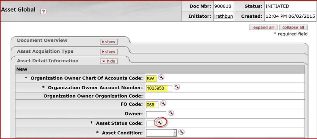On the Asset Detail Information tab, click in the Organization Owner Chart Of Accounts Code field, and enter the Chart Code for the asset. 185.