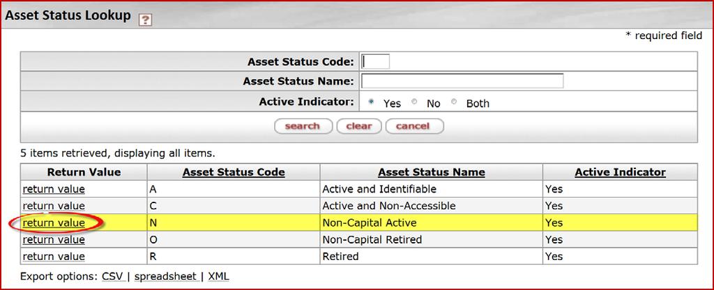 Click on the return value for Asset Status Code N, Non-Capital Active.