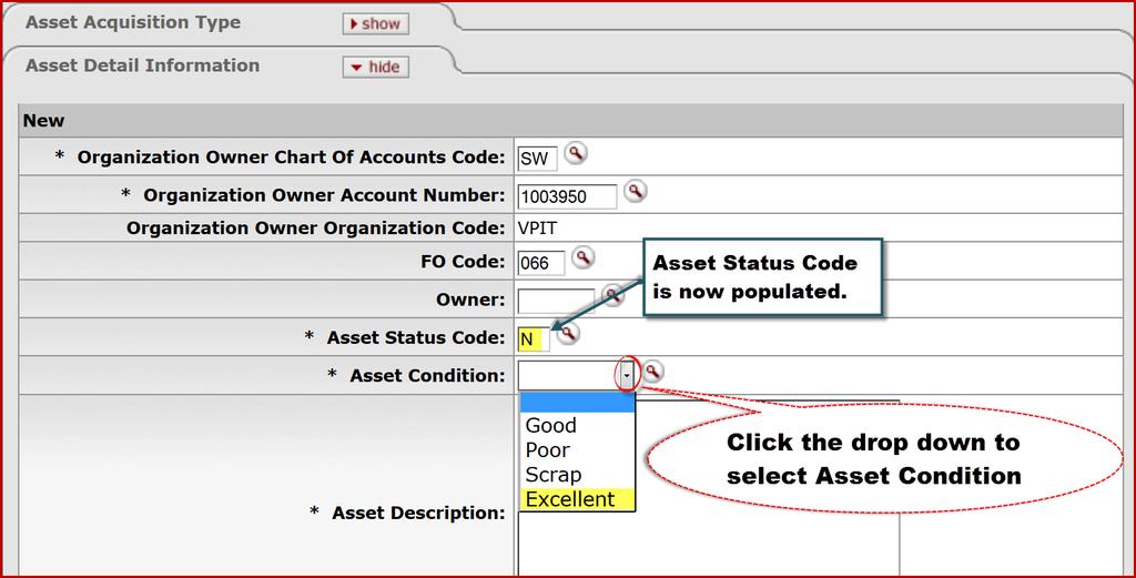 190. On the Asset Detail Information tab, click the drop-down menu for the Asset Condition field. 191.