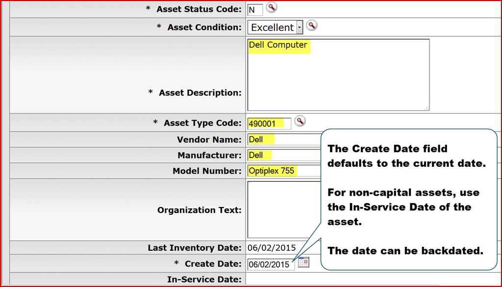 192. Click in the Asset Description field and enter Dell Computer for this example. 193. Click in the Asset Type Code field and enter 490001 in the Asset Type Code field.