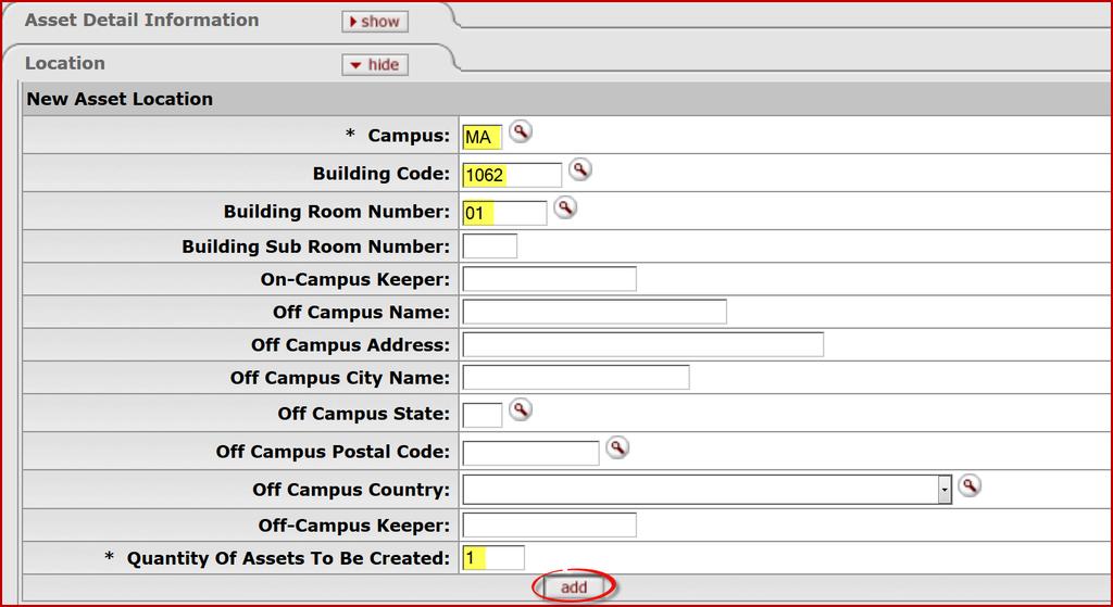 199. On the Location tab enter the applicable location information for the new asset. This is most commonly the location of the On Campus Keeper.