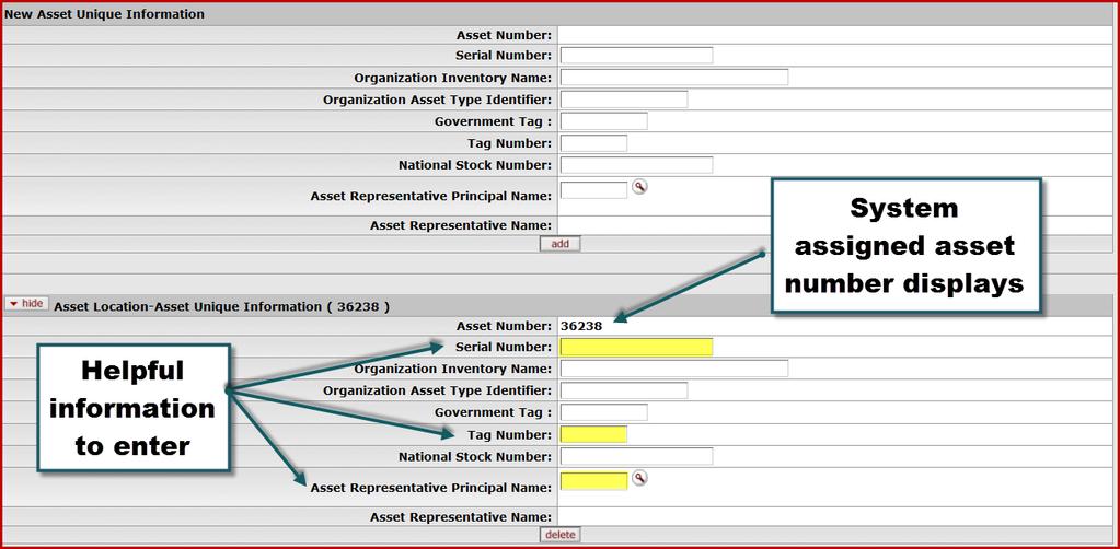 205. After the Asset Location is added an Asset Location-Asset Unique Information section will display with the system assigned asset number.