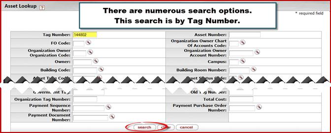 2. There are numerous search options. For this example you will search using the Tag Number.