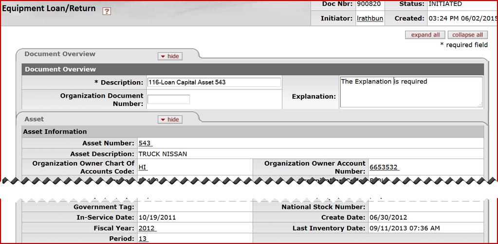 250. Click in the Description field on the Document Overview tab. Enter 116-Loan Capital Asset 543 in the Description field for this example.