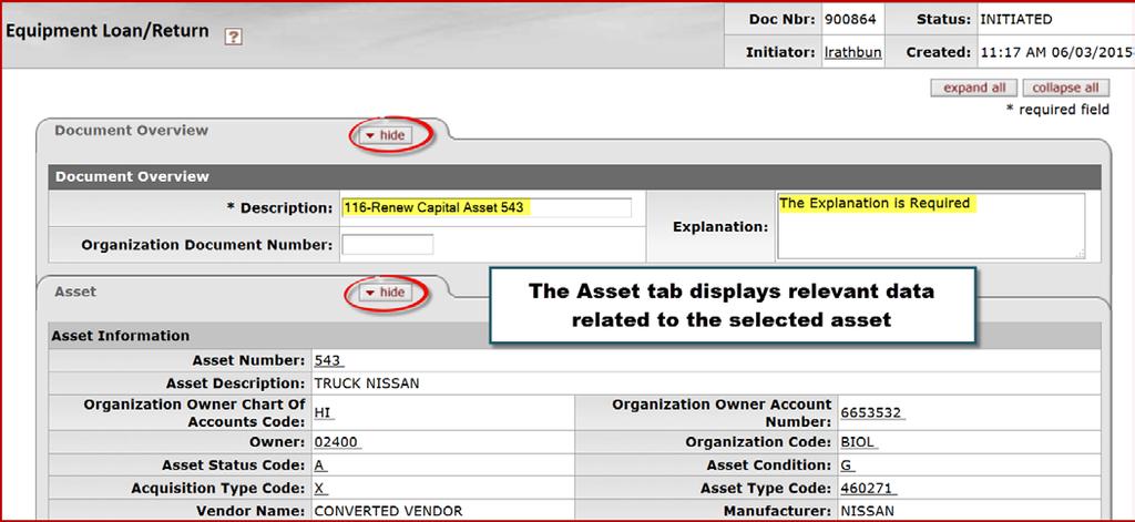282. Click in the Description field on the Document Overview tab. Enter 116-Renew Capital Asset 543 in the Description field for this example.