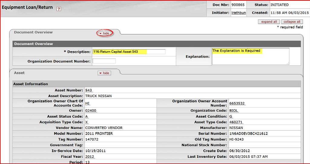 298. Click in the Description field on the Document Overview tab. Enter 116-Return Capital Asset 543 in the Description field for this example.