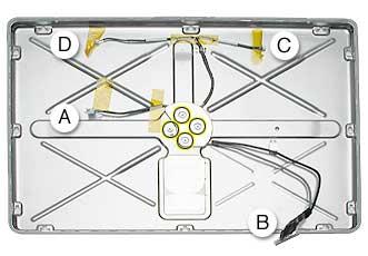 Procedure 1. Note the location of the inverter (A),TMDS (B), microphone (C), and LED (D) cables.