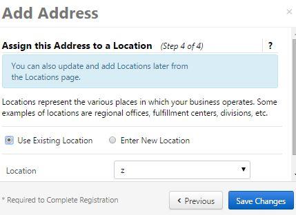 Assign this Address to a Location: You can assign an existing location or create a new one. Locations can also be added and updated in the Locations section (p. 22).