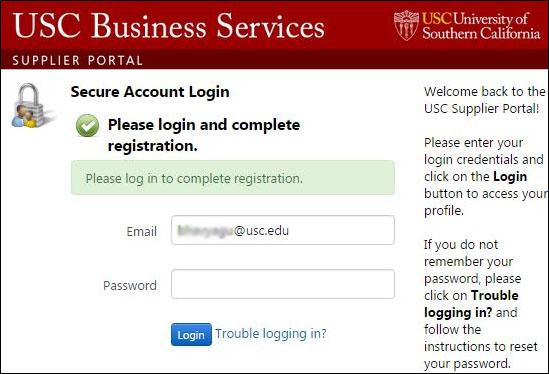 Returning Users Click on the Continue with Registration button on the supplier portal landing page (see image above).