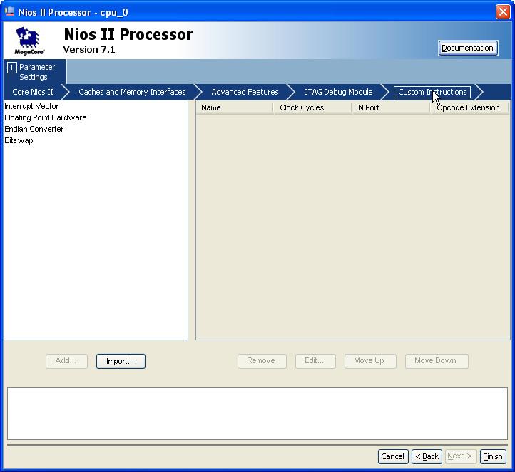 Implementing Custom Instruction Hardware in SOPC Builder 4. Select the Custom Instructions page, shown in Figure 3 1 Figure 3 1. Nios II Configuration Wizard Custom Instructions Page 5.