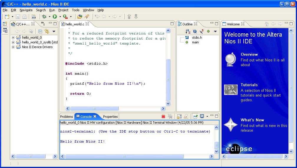 Starting the Nios II Development Tools 6. Click Run at the bottom of the window. The hello_world_0 software image downloads to the Nios development board and begins running. "Hello from Nios II!
