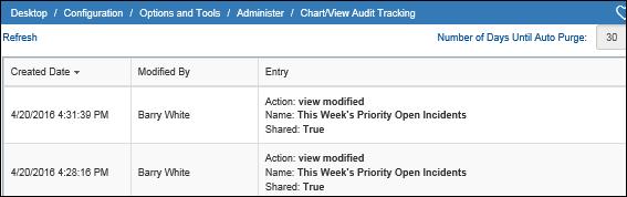 Chart/View Audit Tracking Use the Options and Tools Administer Chart/View Audit Tracking screen to display audit history entries for chart and view updates.