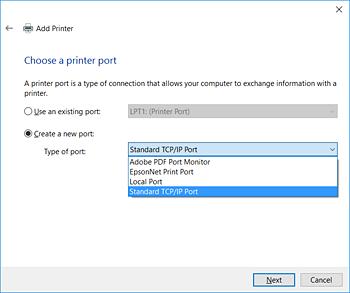 Function Settings 4. Select Create a new port, select Standard TCP/IP Port as the Port Type, and then click Next.