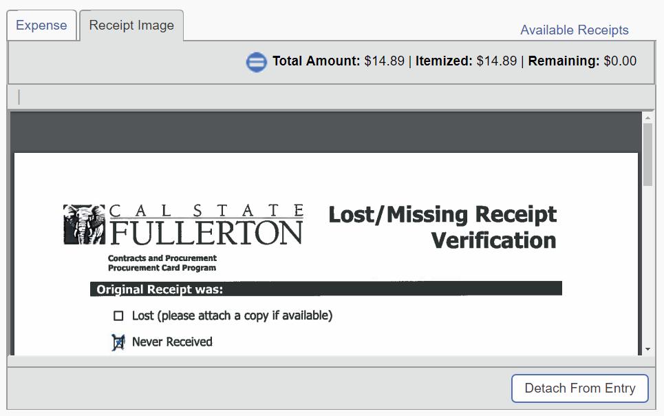 Step 8: Under the Receipt Image tab, you will see the completed Lost/Missing Receipt