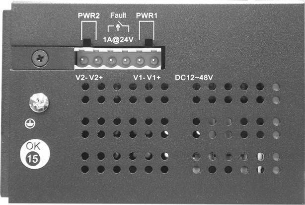 Hardware Description Top View The top panel view of the EIR418-2SFP-T is equipped with one terminal block connector that consists of two 12 to 48 VDC power inputs and the fault alarm output.