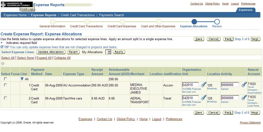 Step 5 Expense Allocations The Expense Allocations step allows users to change the org unit or activity.