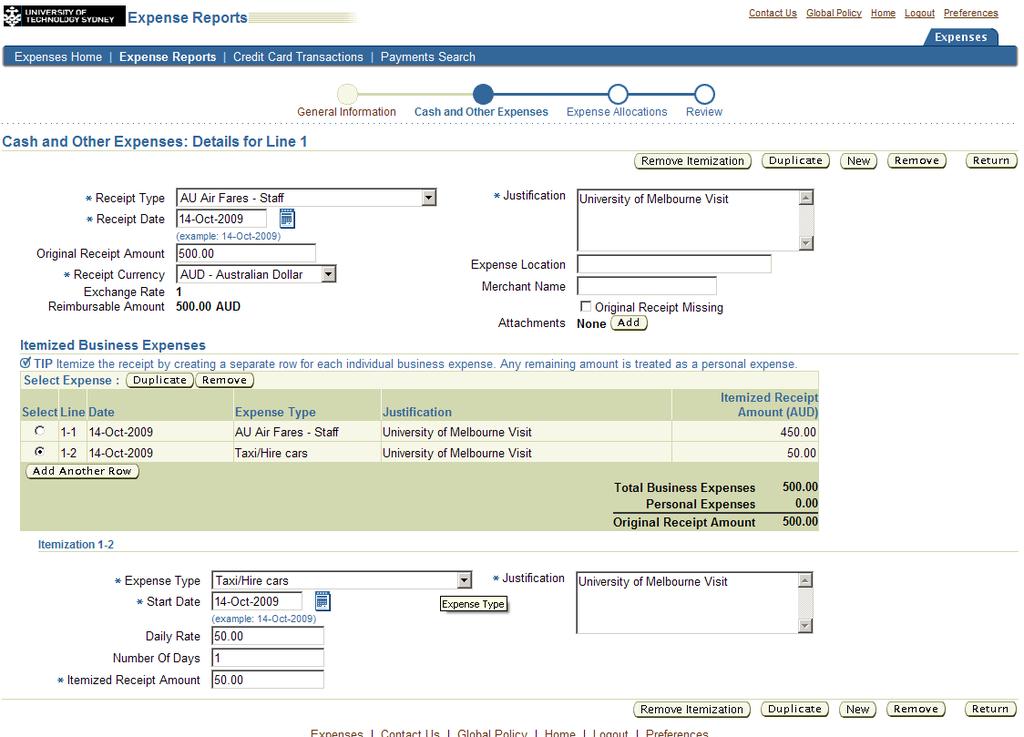Tip: You can toggle between itemised expense lines by