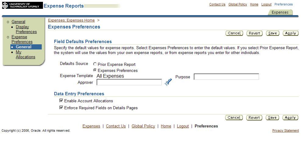 Expense Preferences also need to be set up for first time users as follows; Section Name Input Values Additional Info Defaults Source Click on Expense Preferences When this box is ticked, the values