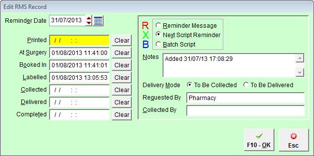 Edit the reminder date here Edit the repeat management service here Select any of the Clear buttons to clear the corresponding action and remove the tick in Section A.