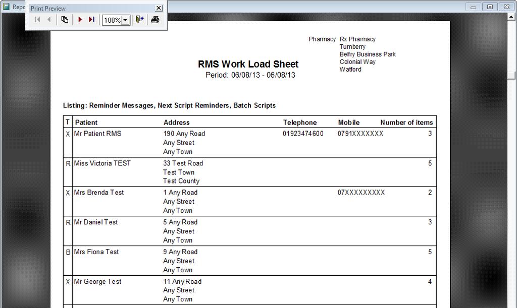 RMS Work Load Sheet This report lists all patients entered onto the RMS based on the date range specified and the type of repeat management service that they have been set up for.