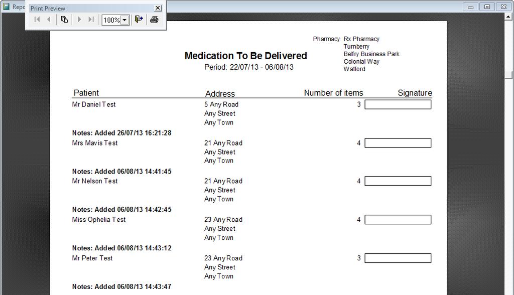 Medication Delivery Sheet This report lists patients whose medication is ready to be delivered. Tip: This report will only print once the repeat request form has been processed and marked as Labelled.