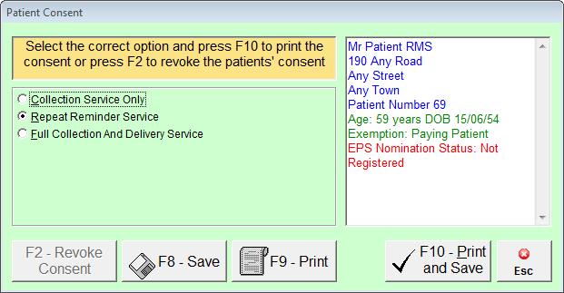 Selecting [Yes] will display the Patient Consent window (shown below) which allows you to: Select the type of repeat service the patient has signed up to: o Collection Service Only o Repeat Reminder