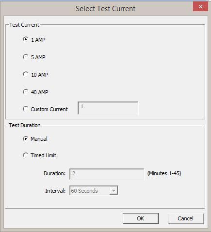 LTCA VERSION 2.xx SOFTWARE MANUAL REV 4 5. The following window will be displayed: Select the test current and the test duration and then click on the OK button.