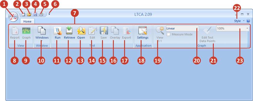 REV 4 LTCA VERSION 2.xx SOFTWARE MANUAL 3.1 LTCA Software User Interface Elements 1. File Menu: You can open, close, save, and print test records from the file menu. 2. New Document: Click on this icon to create a new document (LTCA data or LTCA Graph).