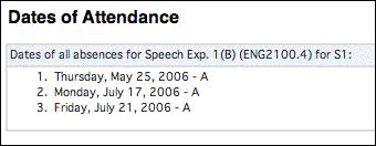 The Dates of Attendance page displays all absences or tardies for that class. 7.