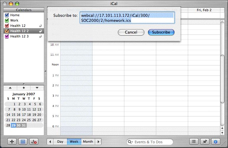 3. The calendar URL is automatically populated in the Subscribe to text box. Click Subscribe. The Subscribing to <calendar name> screen appears. 4.