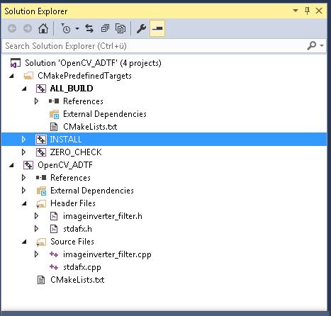 in visual studio 2015, the platform toolset has to be set for Windows7.1 SDK and the target configuration must be x64. Figure 44 : Visual studio solution build The CMakeLists.