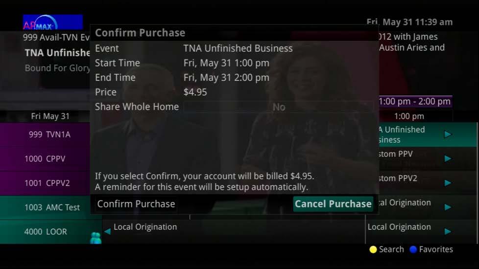 6. A Confirm Purchase window will appear showing the Pay Per View event purchase information.