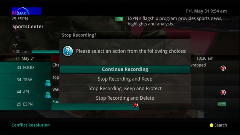 The options are: Continue Recording Does not stop recording the program.