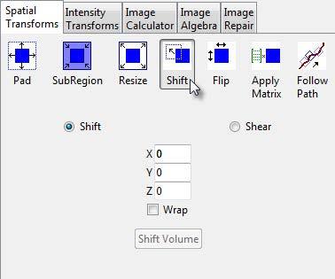 109 Shift The Shift tool can be used to shift data horizontally or vertically. This may be necessary to correct wraparound artifacts.