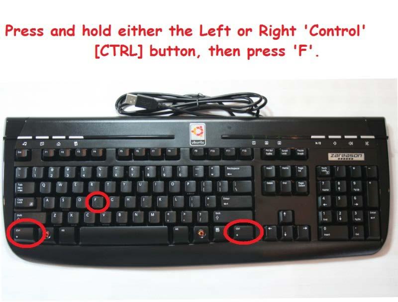 A standard computer keyboard with the Control and F keys highlighted Fig 2. The Search Window a small window will open in the upper right-hand side: II.