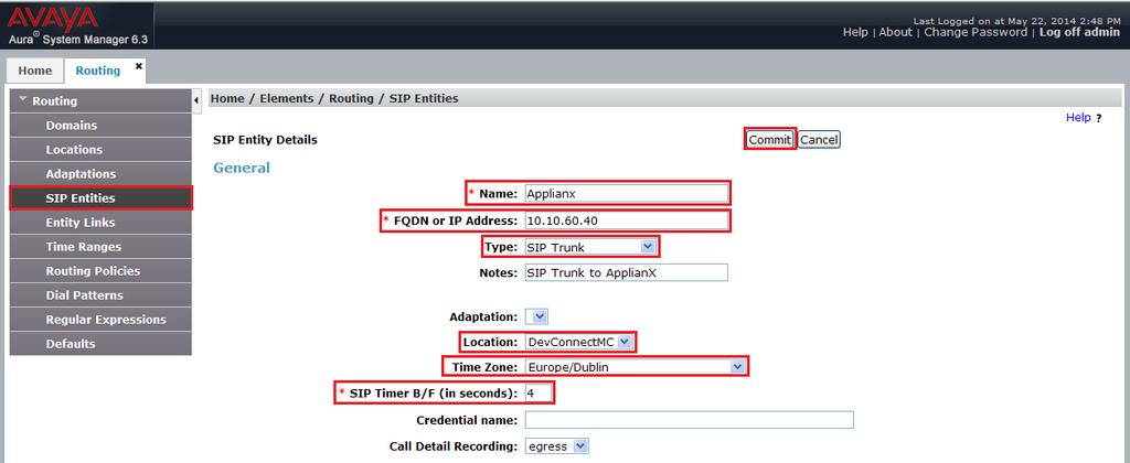6.4. Create ApplianX as a SIP Entity A SIP Entity must be added for the ApplianX. To add a SIP Entity, select SIP Entities on the left panel menu and then click on the New button (not shown).