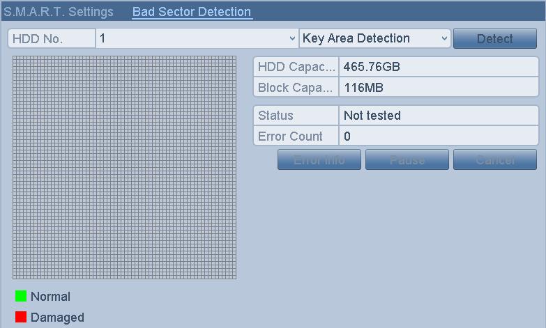 10.8 Detecting Bad Sector Purpose: You can detect the bad sector of the HDD to check the status of the HDD. 1. Enter the HDD Detect interface. Menu>HDD>HDD Detect Figure 10. 23 Bad Sector Detection 2.