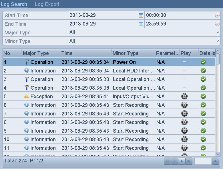 Figure 6. 18 System Log Search Interface 3. Choose a log with record file and click button to enter Playback interface.